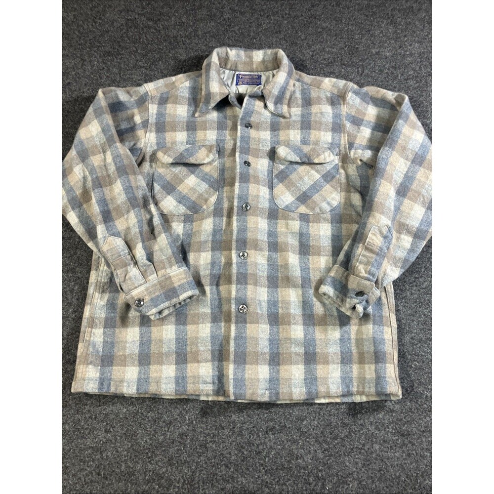 Vtg 70s Pendleton Wool Board Shirt Medium Shadow Plaid Ombre Tan Blue USA Loop